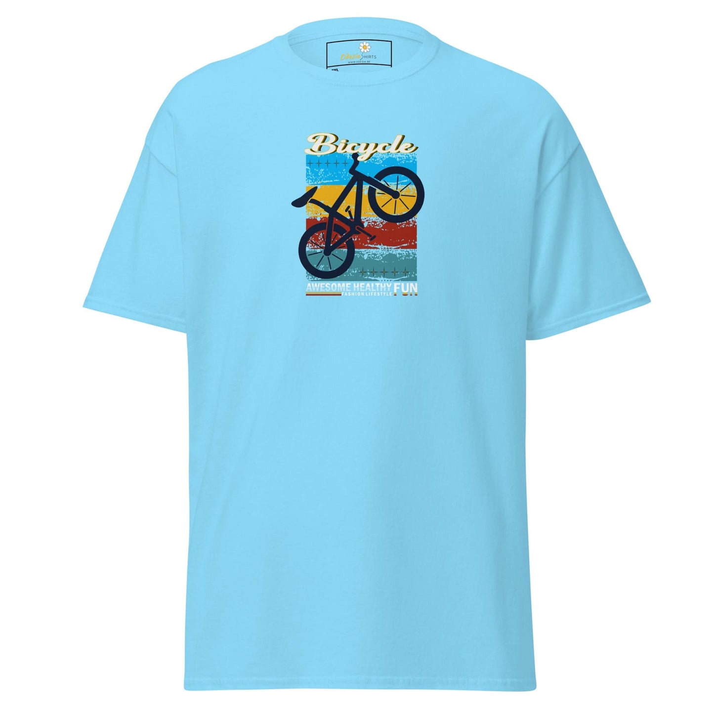 Light blue T-shirt with bicycle graphic, available in men’s and women’s sizes 2XL to 5XL