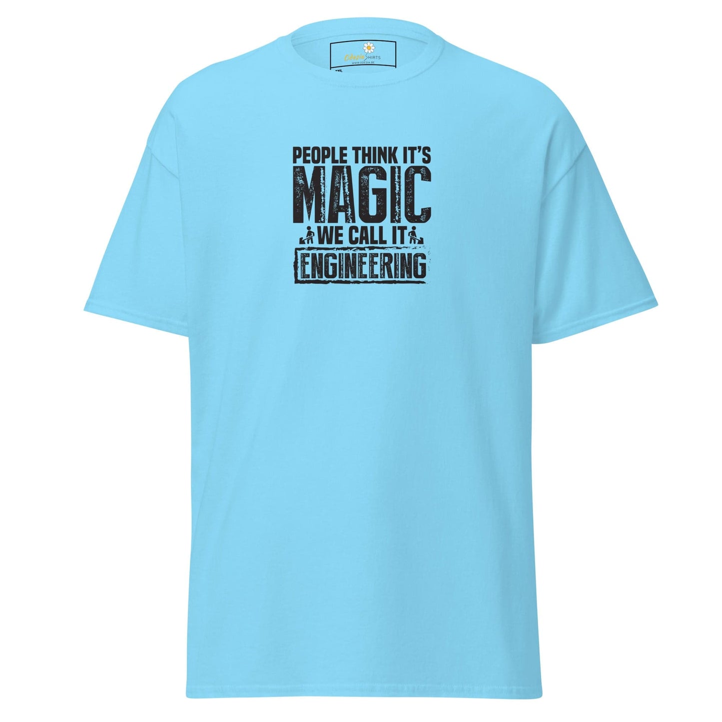 Light blue t-shirt with engineering slogan.