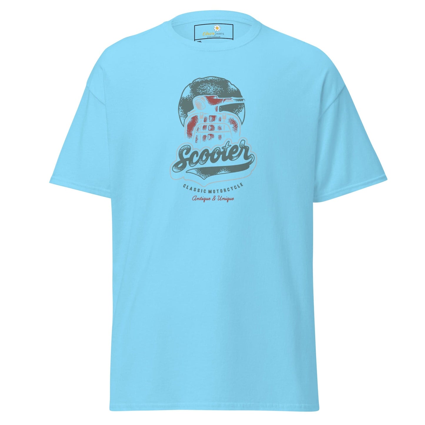 Light blue t-shirt with scooter graphic.