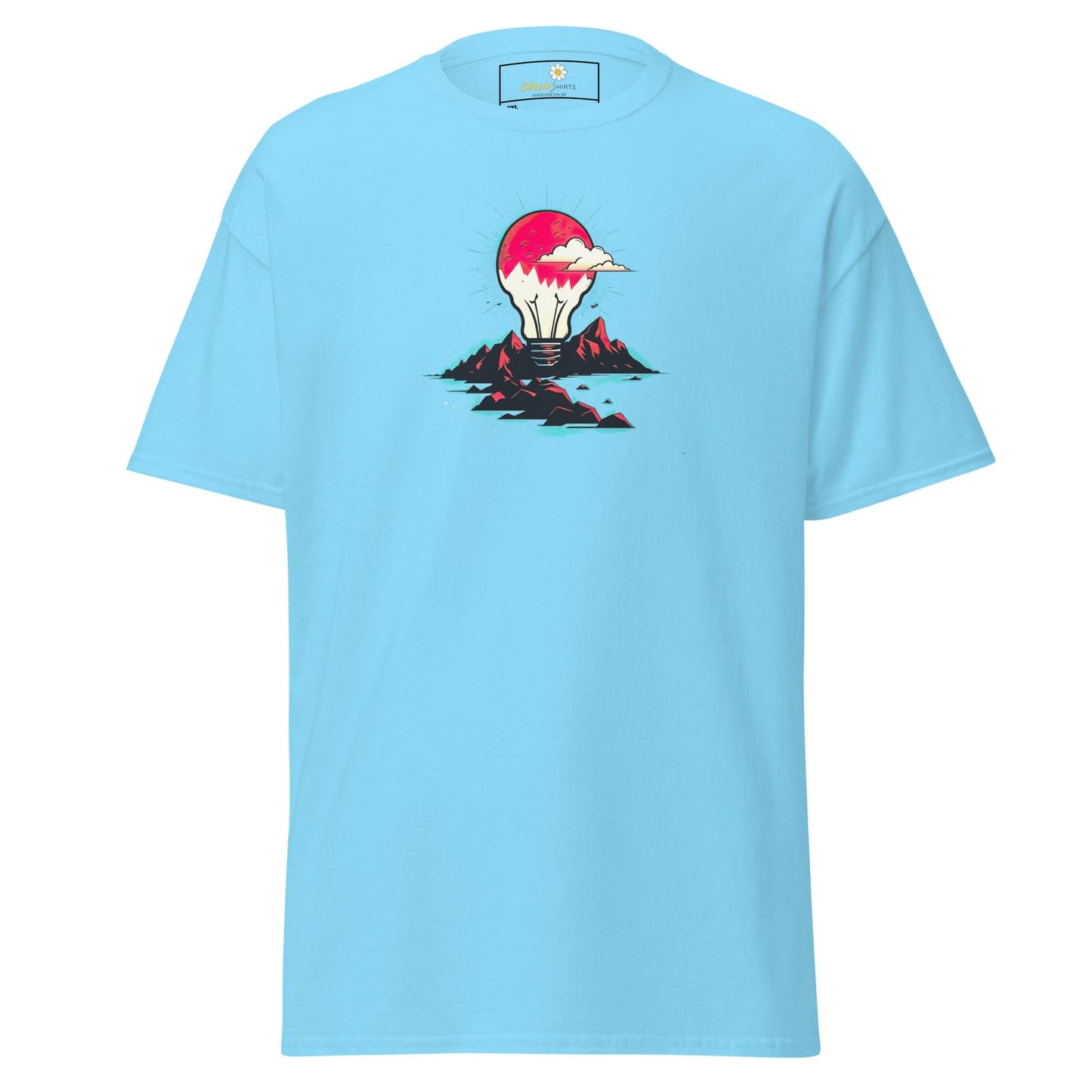 Light blue T-shirt with lightbulb design for men and women in 2XL to 5XL sizes
