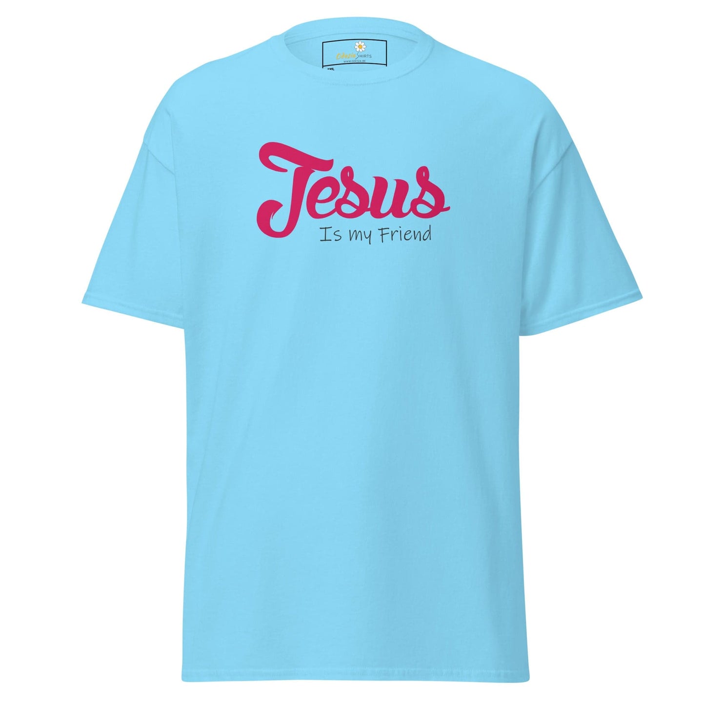 Light blue t-shirt with pink text.