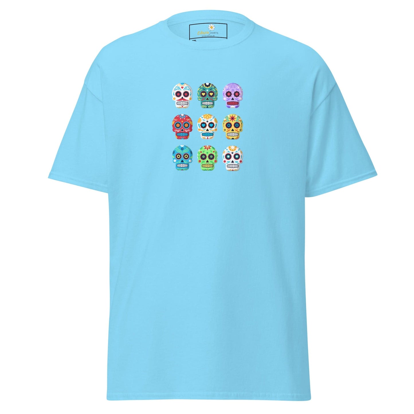 Light blue T-shirt with colorful Sugar Skull design for Men and Women in extended sizes