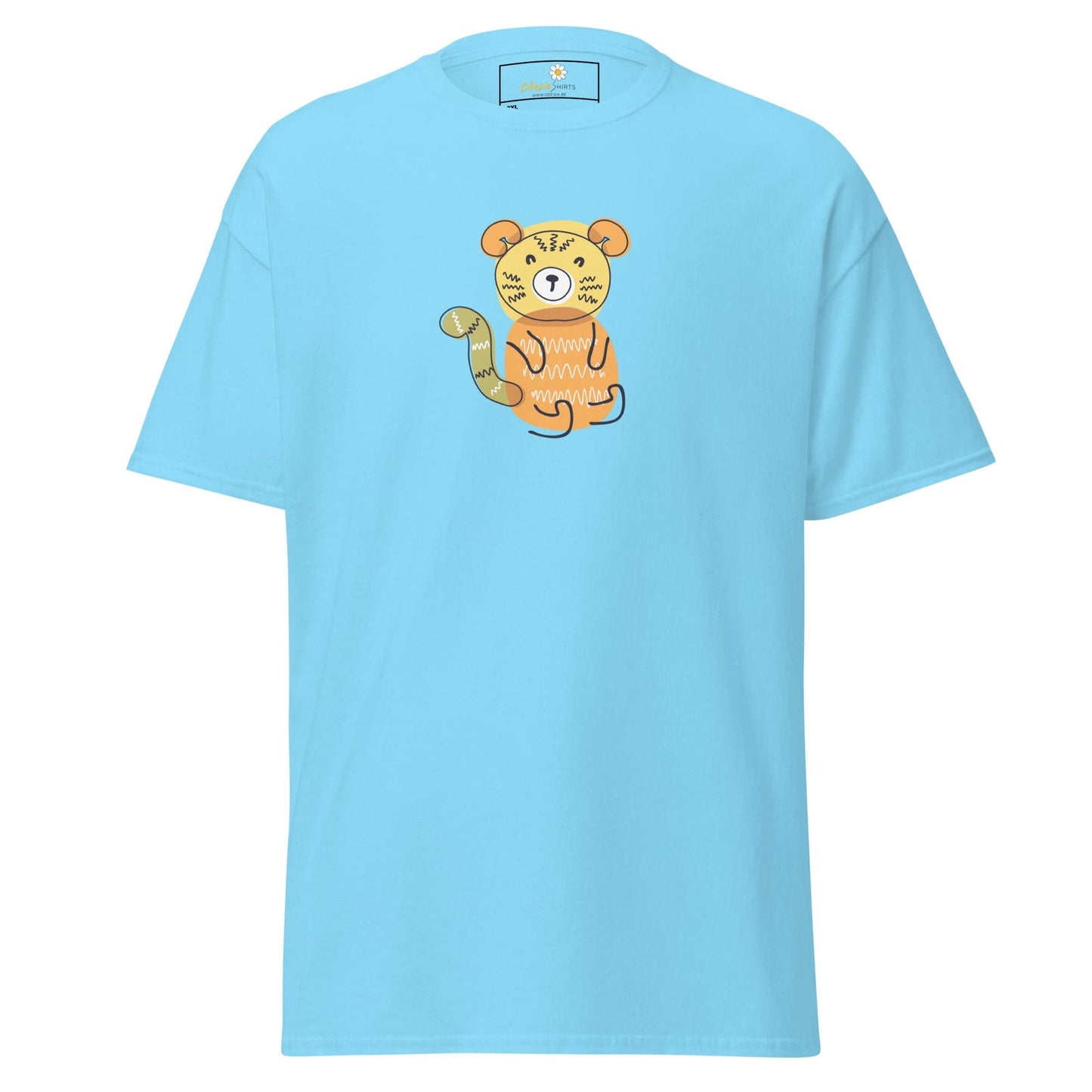 Light blue T-shirt with a cartoon tiger design for men and women in 2XL to 5XL sizing