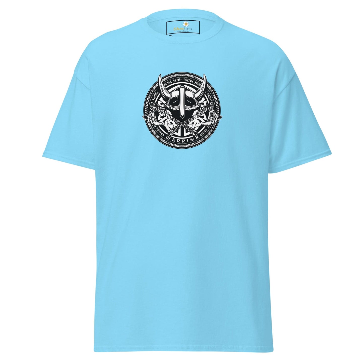 Light blue t-shirt with Viking helmet graphic.