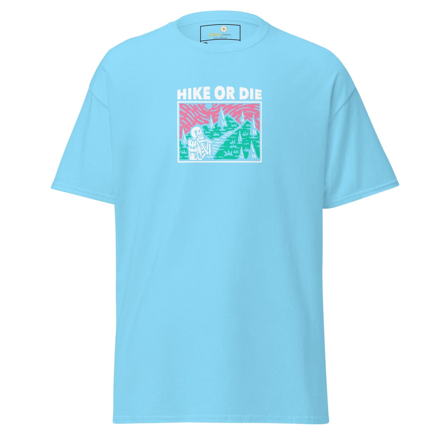 Light blue t-shirt with ’Hike or Die’ graphic.