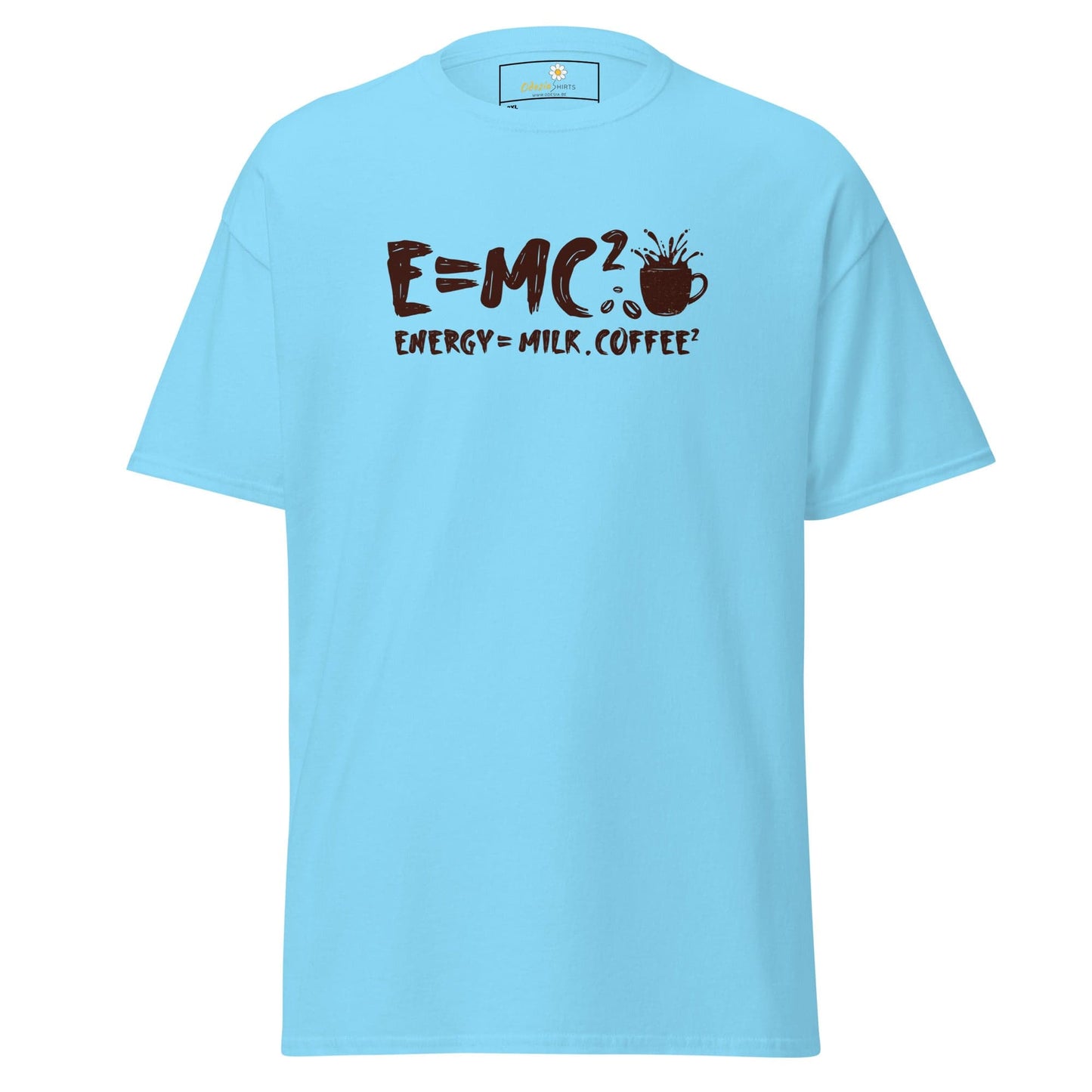 Light blue t-shirt with coffee equation.