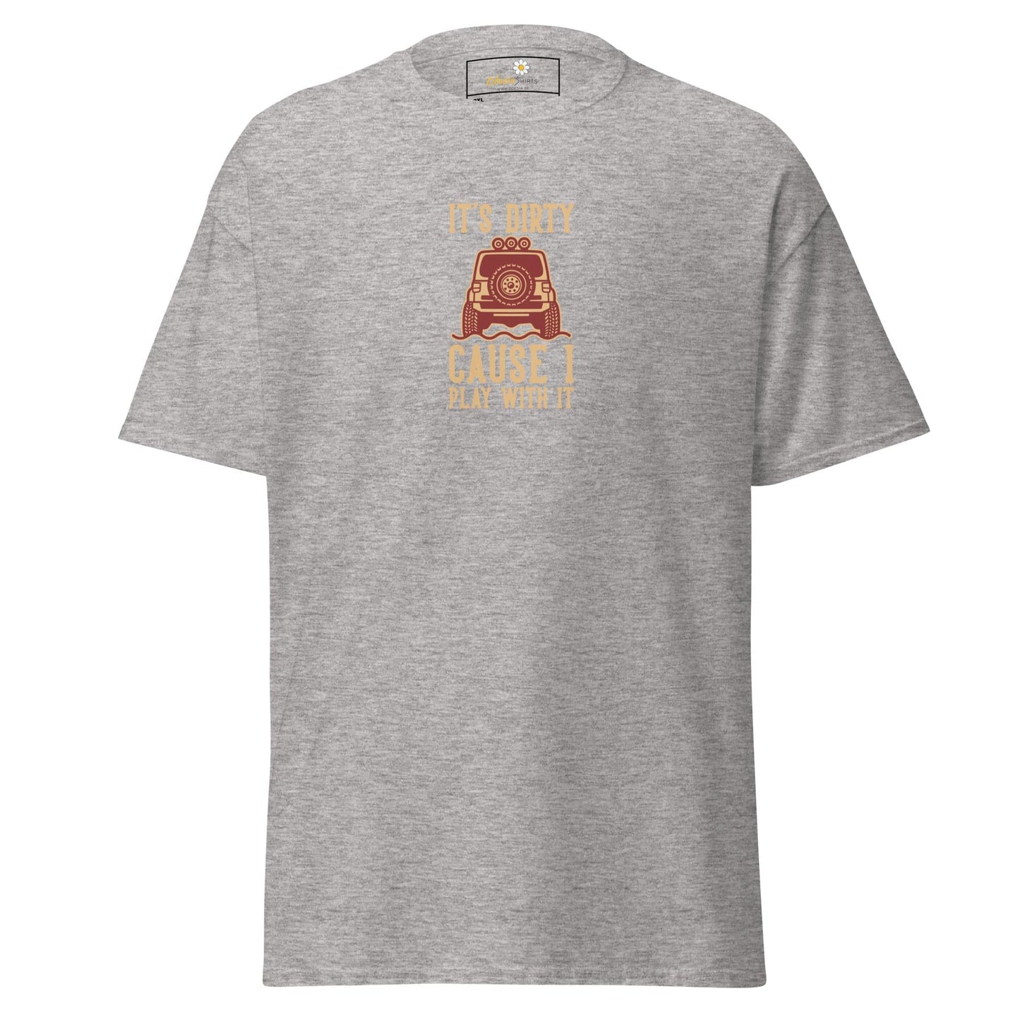 Gray t-shirt with off-road vehicle graphic.