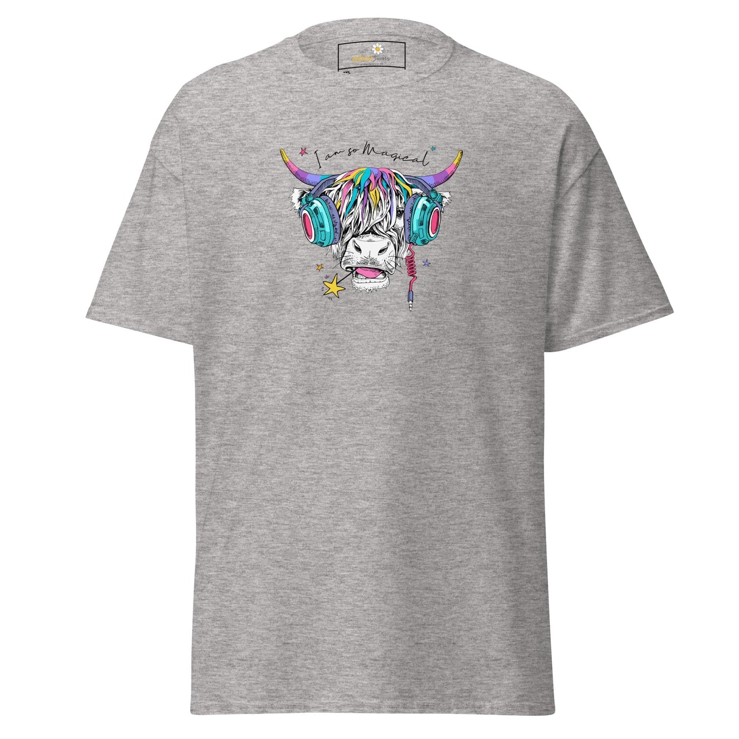 Gray t-shirt with cow graphic.