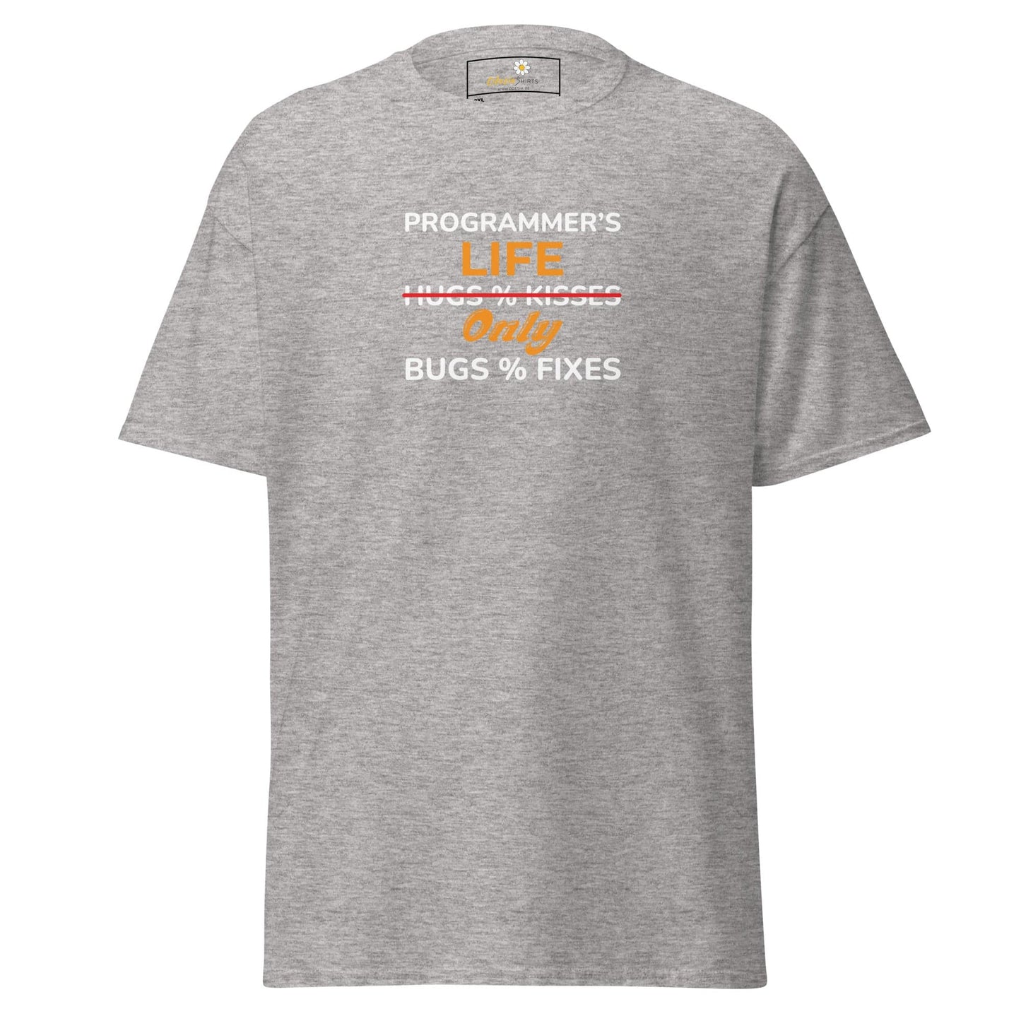 Gray t-shirt with programmer humor.