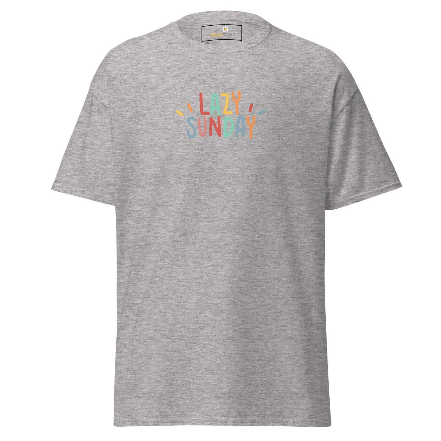 Gray t-shirt with colorful text.