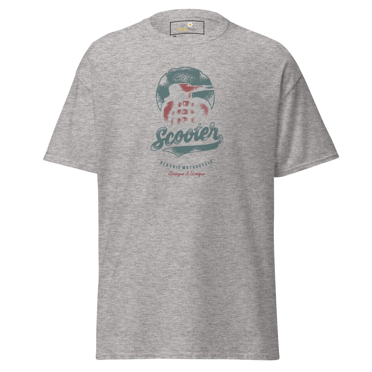 Gray t-shirt with scooter graphic.
