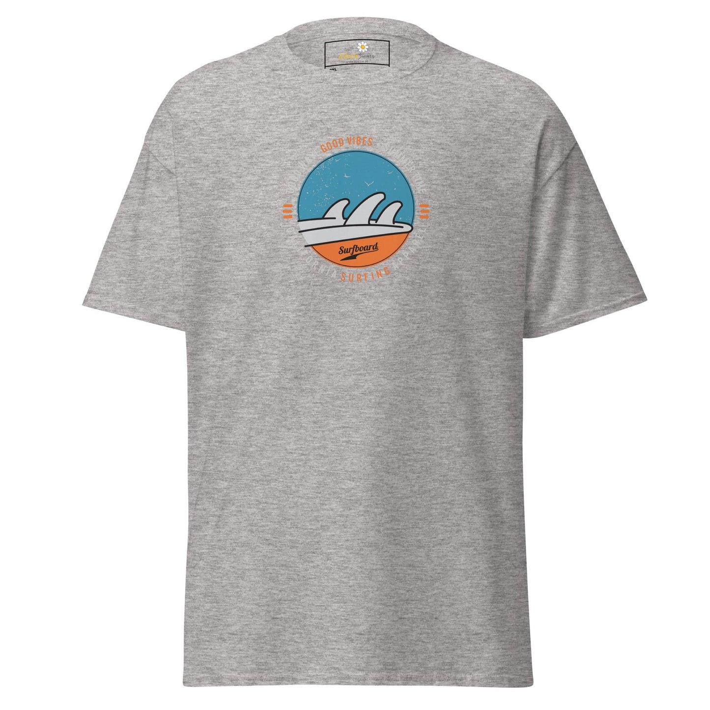 Gray t-shirt with a circular wave design.