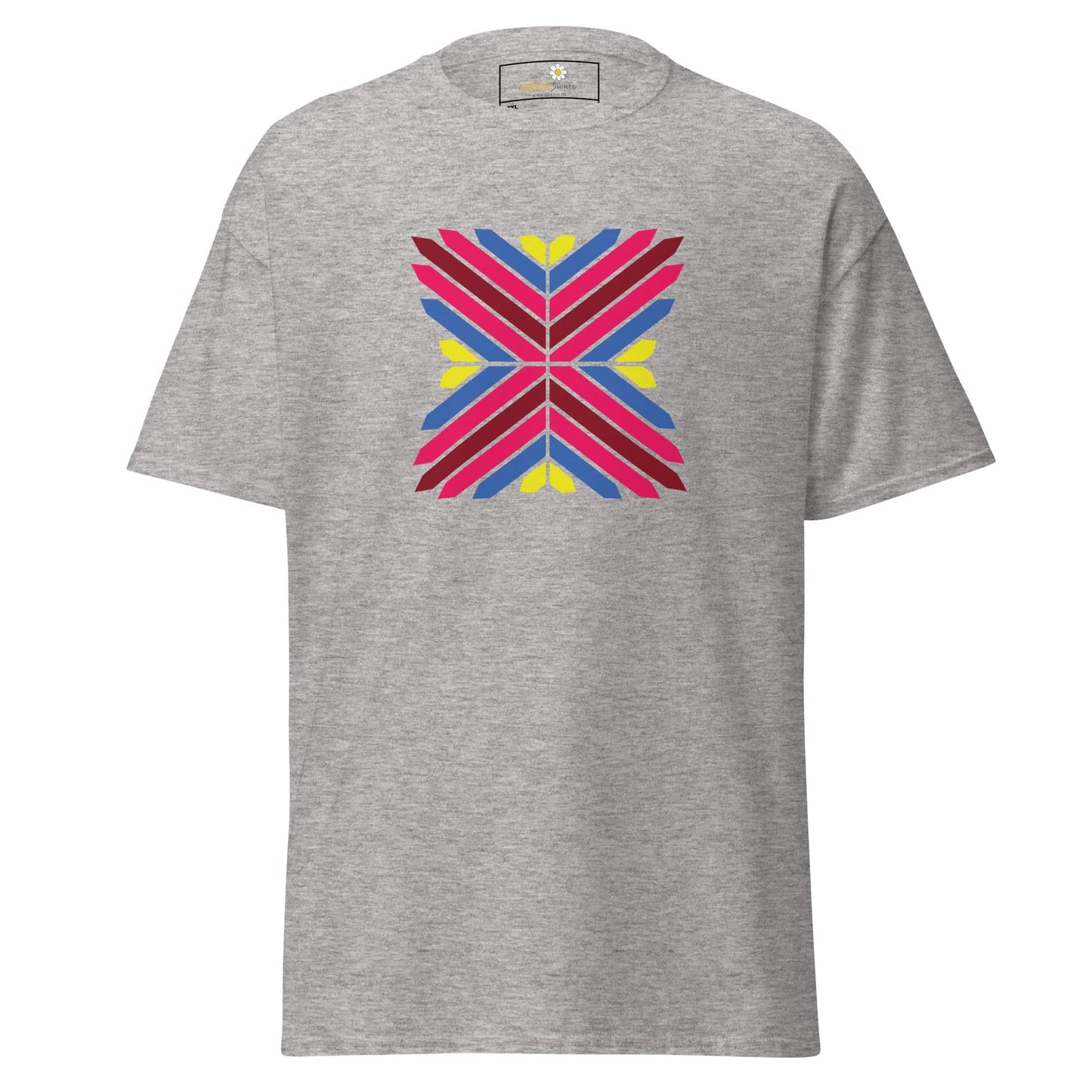 Gray T-shirt with vibrant geometric design for Men and Women available in plus sizes