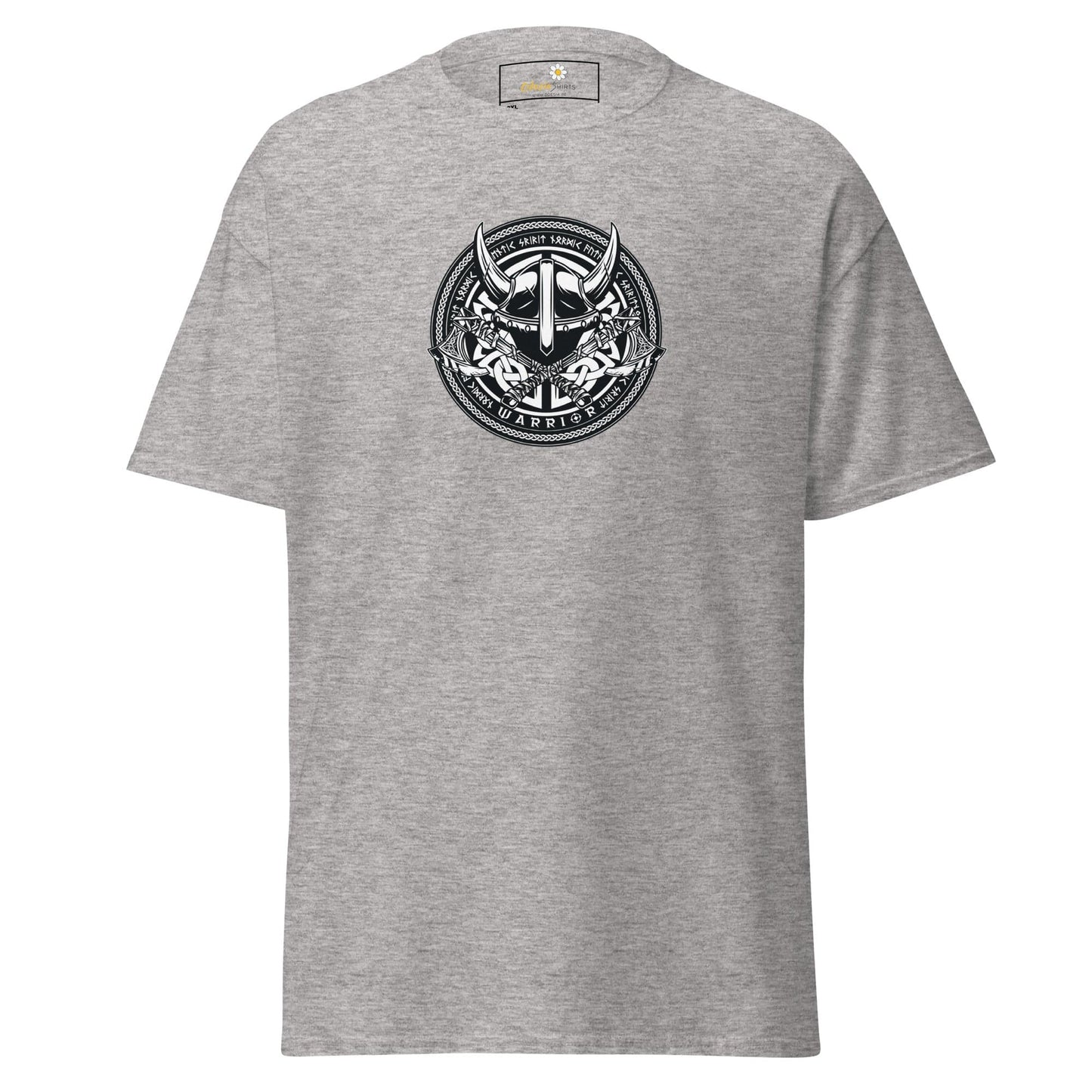Gray t-shirt with Viking helmet design.