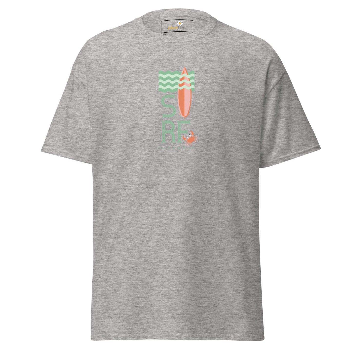 Gray t-shirt with a surfing design.