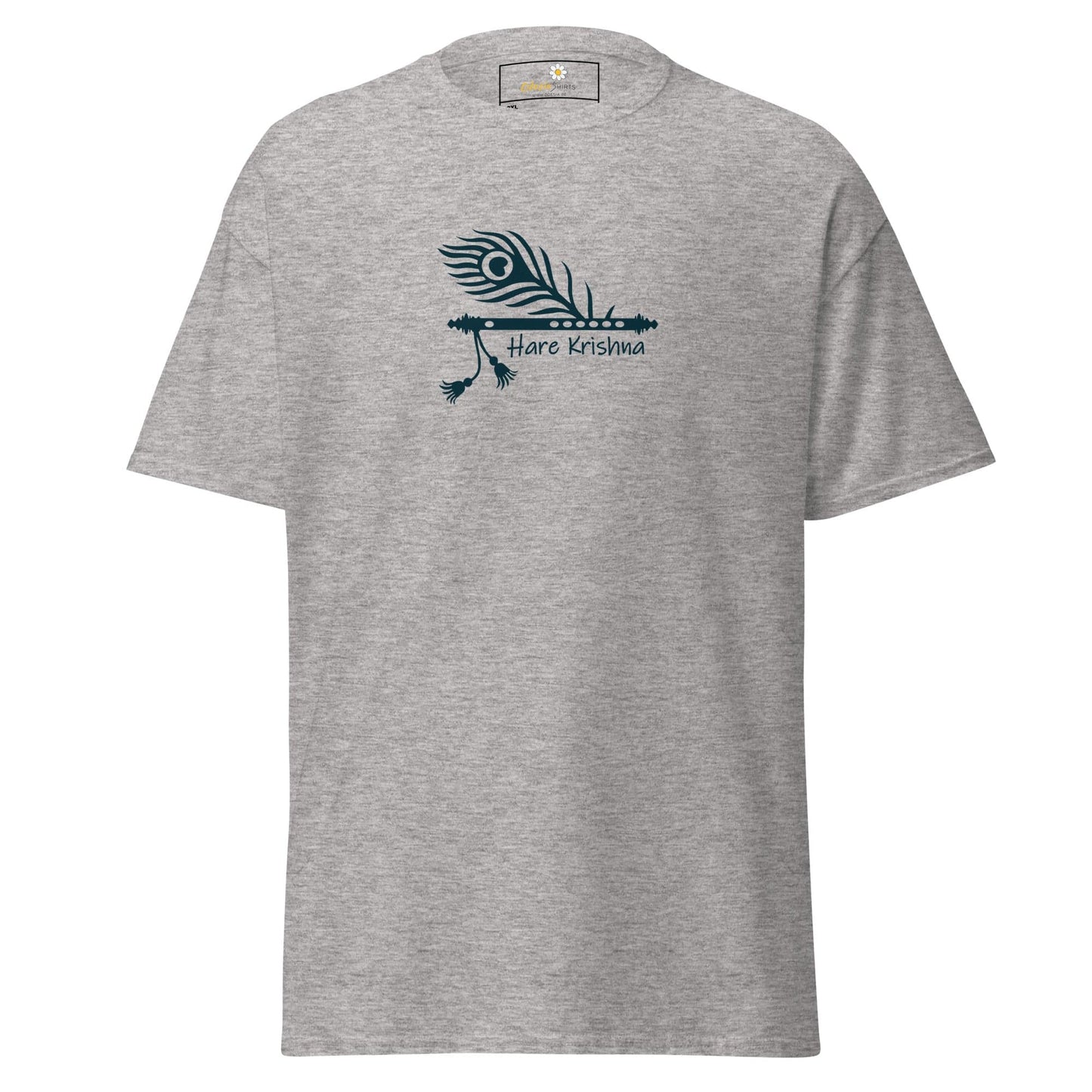 Gray T-shirt featuring a flute and peacock feather design for men and women in 2XL-5XL