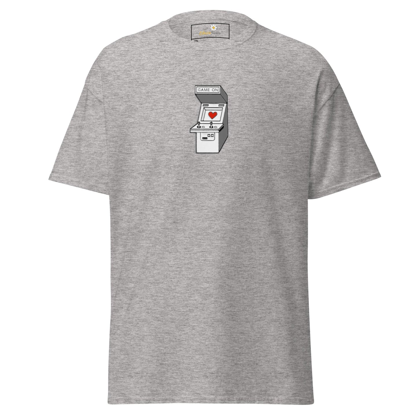 Gray T-shirt with arcade game graphic for men and women in sizes 2XL to 5XL