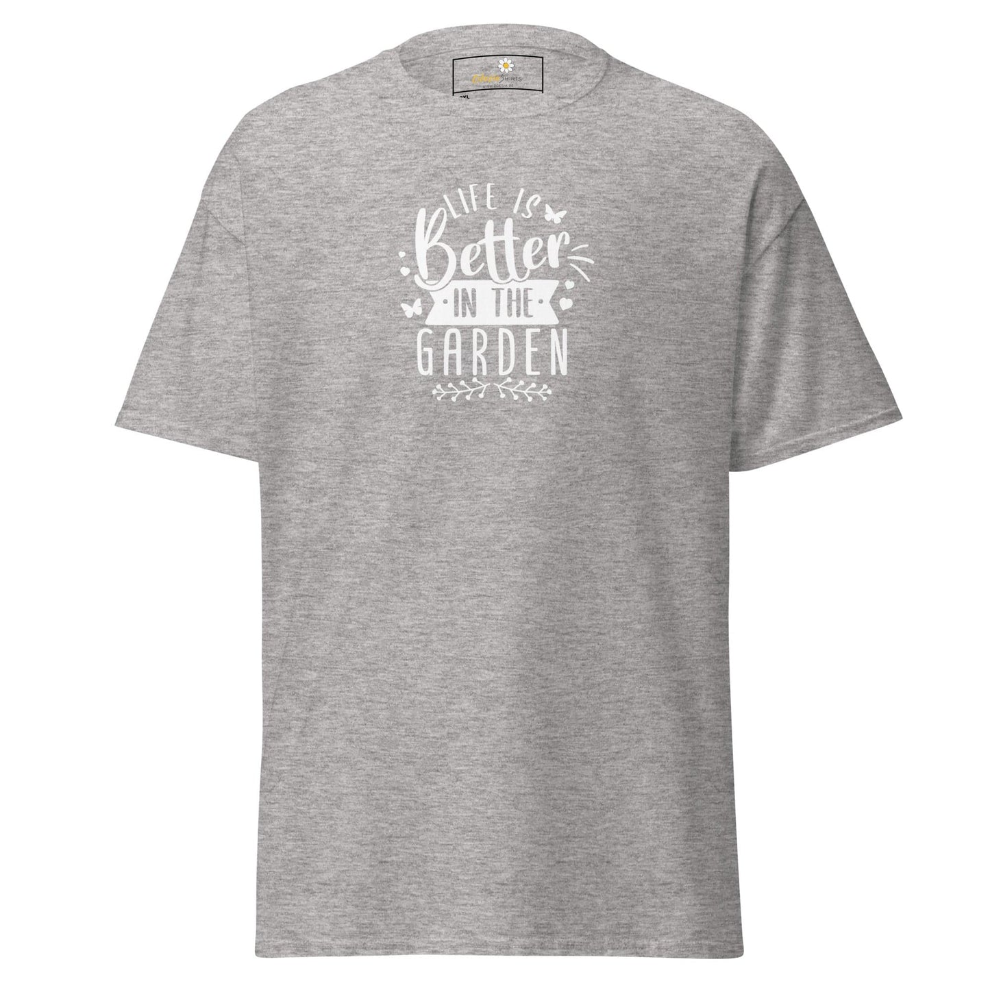 Gray t-shirt with garden-themed text.