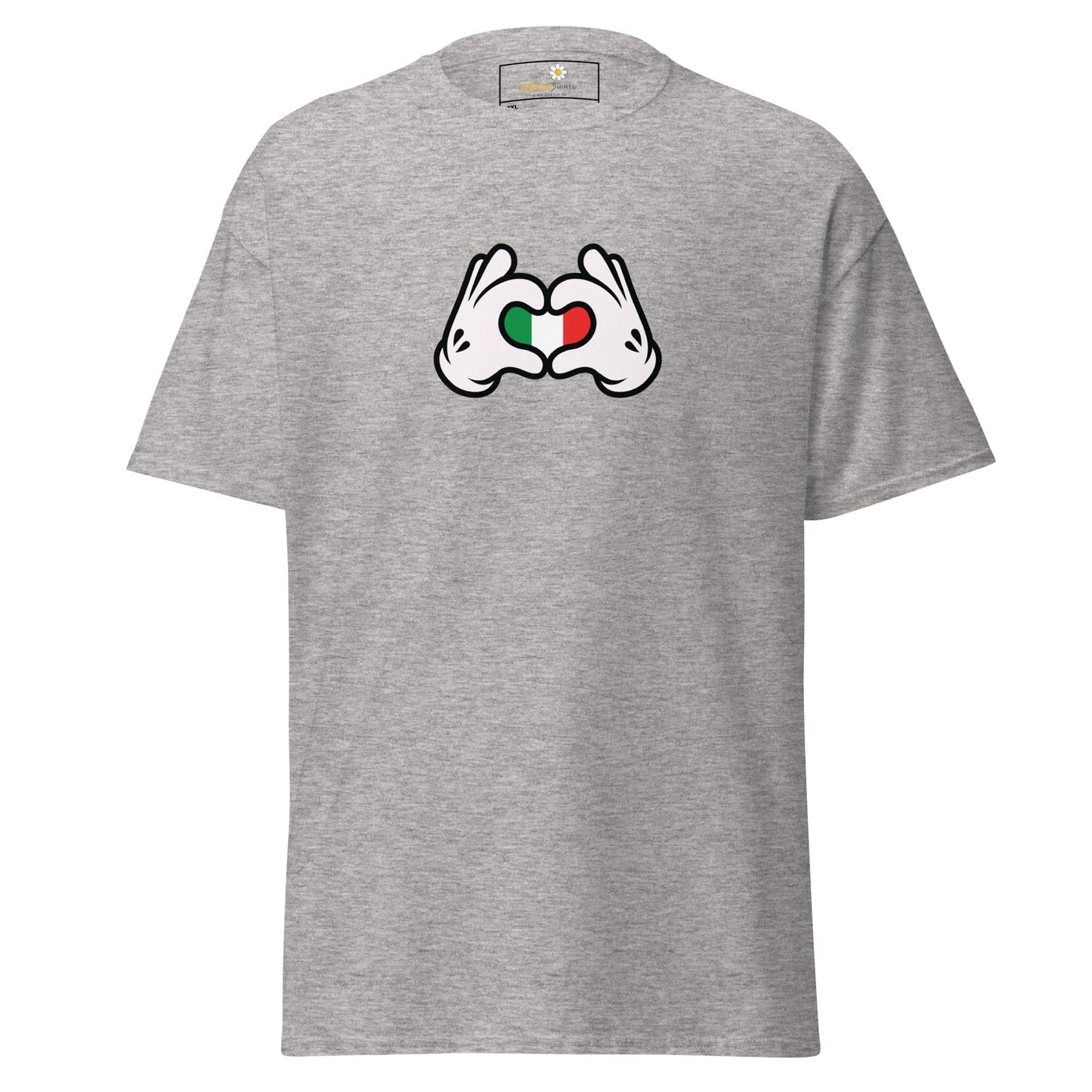 Gray t-shirt with heart hands.