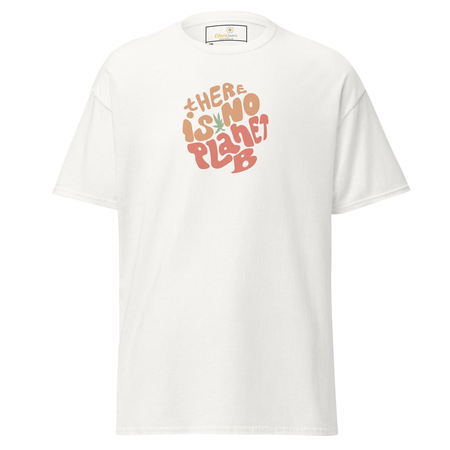 White t-shirt with ’There is no planet B’ graphic.