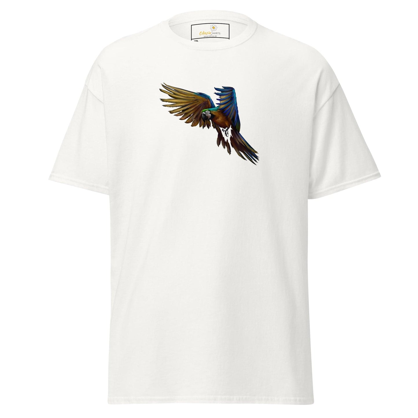 White T-shirt with colorful parrot graphic, suitable for Men and Women sizes 2XL to 5XL