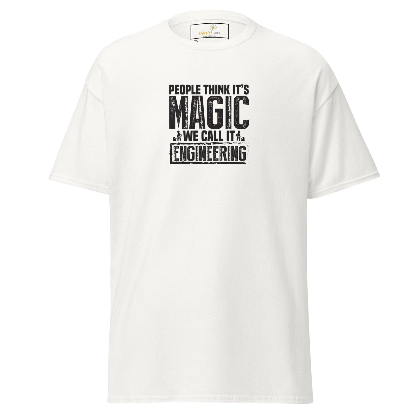 White t-shirt with engineering slogan.